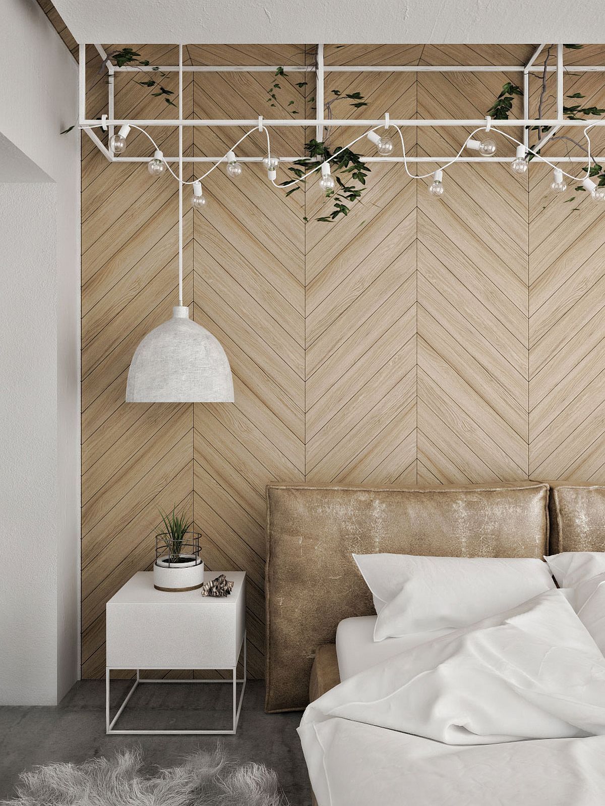  Tường phòng ngủ ốp gỗ hình xương cá với kích thước trung bình, màu sắc tương sáng cho không gian xinh xắn một cách rất nhẹ nhàng và gần gũi.