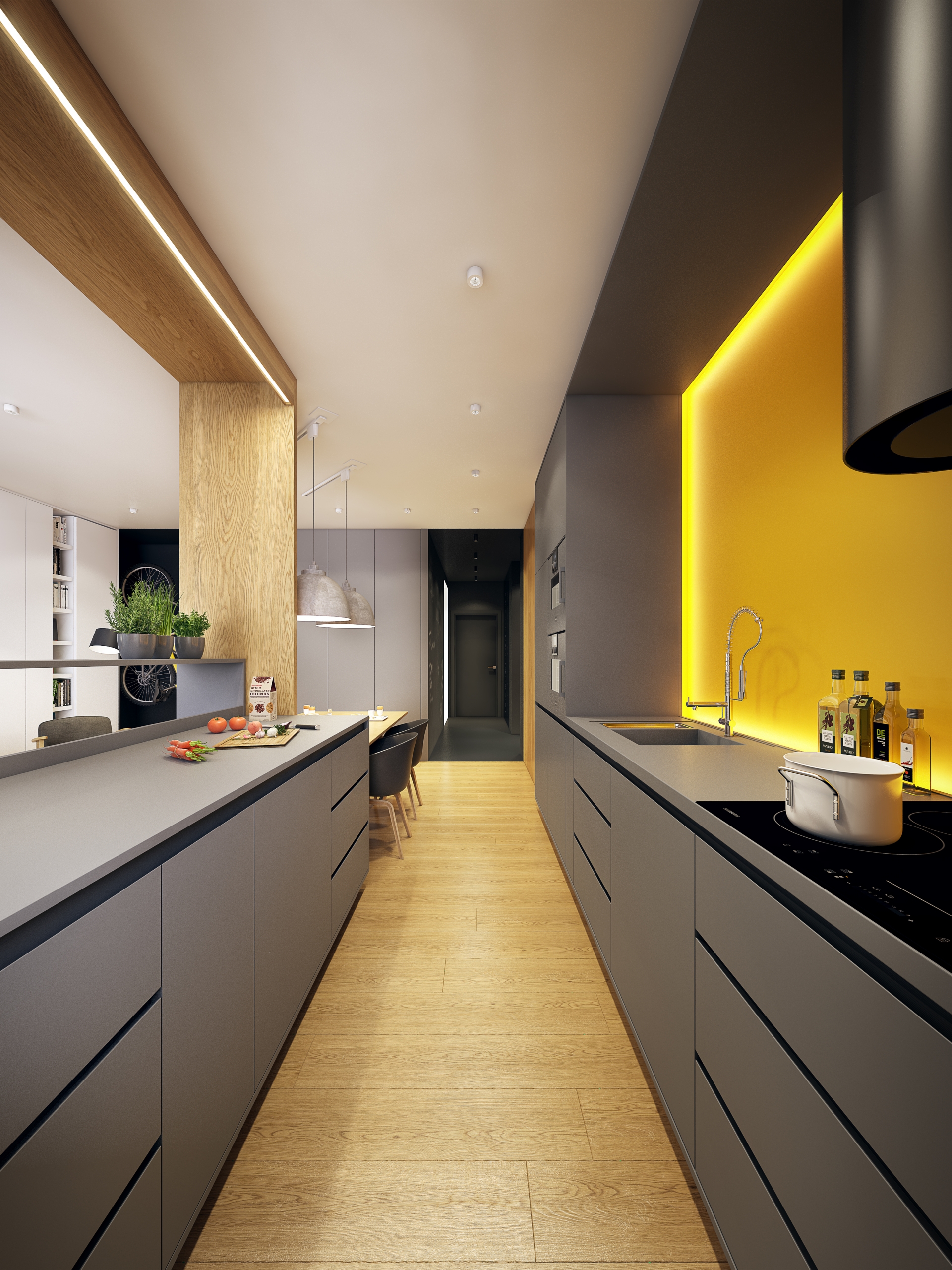Phòng bếp tiện nghi với hệ tủ bếp đồng bộ một màu xám sang trọng, kết hợp cùng backsplash màu vàng mù tạt và hệ thống đèn LED cho hiệu ứng ánh sáng vô cùng lung linh và đẹp mắt lúc đêm về.