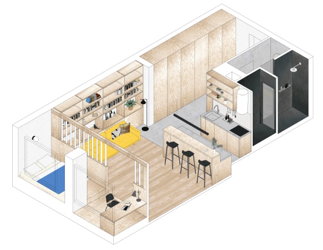 Đây là phác thảo 3D căn hộ vào buổi sáng. Bạn có thể thấy các kiến trúc sư đã lựa chọn thiết kế mở để đảm bảo sự thông thoáng cho phòng khách, phòng bếp và khu vực ăn uống.