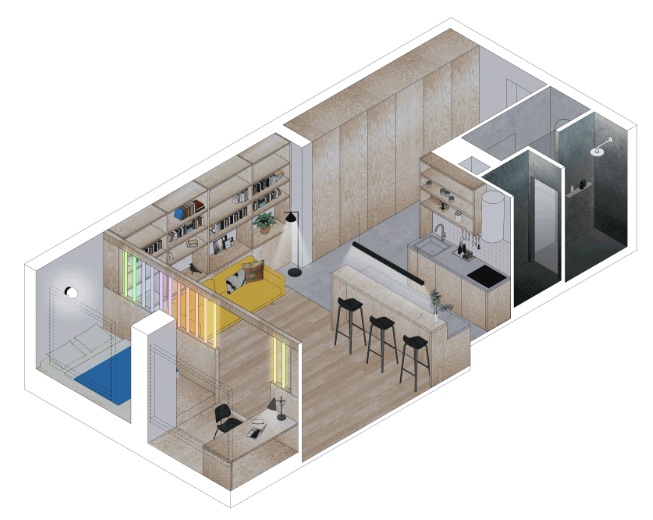 Còn đây là phác thảo 3D căn hộ vào buổi đêm. Khu vực phòng ngủ và phòng làm việc được phân vùng với phòng sinh hoạt chung bằng vách ngăn với hệ thống chấn song bằng đèn LED.