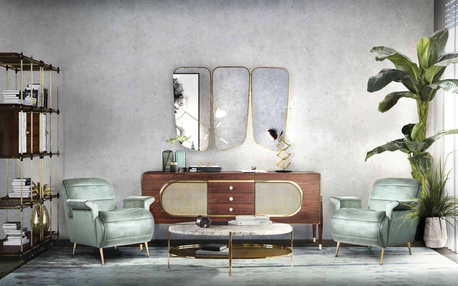 Bộ ba tấm gương với viền khung vàng đồng tạo sự liên kết với các món đồ nội thất trong căn phòng, khiến chúng trở thành một thể thống nhất.