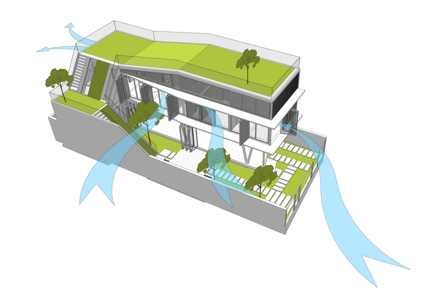 Thiết kế ngôi nhà và phối cảnh lấy sáng, thông gió, tái sử dụng nguồn nước mưa của House of One Piece.