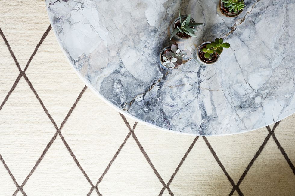 Chiếc bàn nước (bàn cà phê) thiết kế kiểu tròn sang trọng cùng bề mặt ốp đá với đường vân tự nhiên, thêm vào một vài chậu cây mọng nước như sen đá duyên dáng.