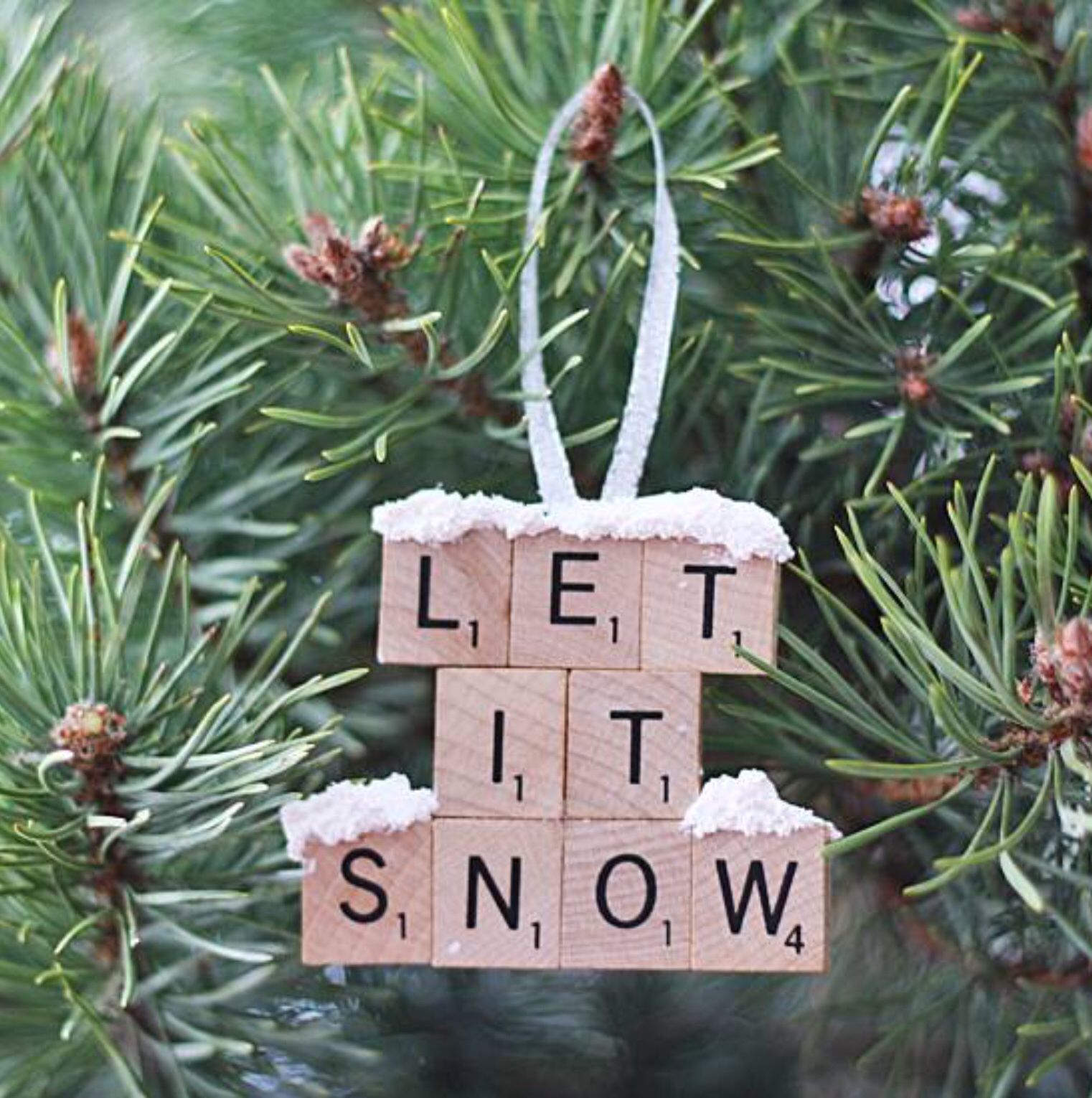 Bạn có thể sắp xếp các khối gỗ hình vuông nhỏ nhắn thành những dòng chữ, cụm từ theo chủ đề Giáng sinh như: Merry Christmas, Let it snow,... rồi treo lên cây thông.