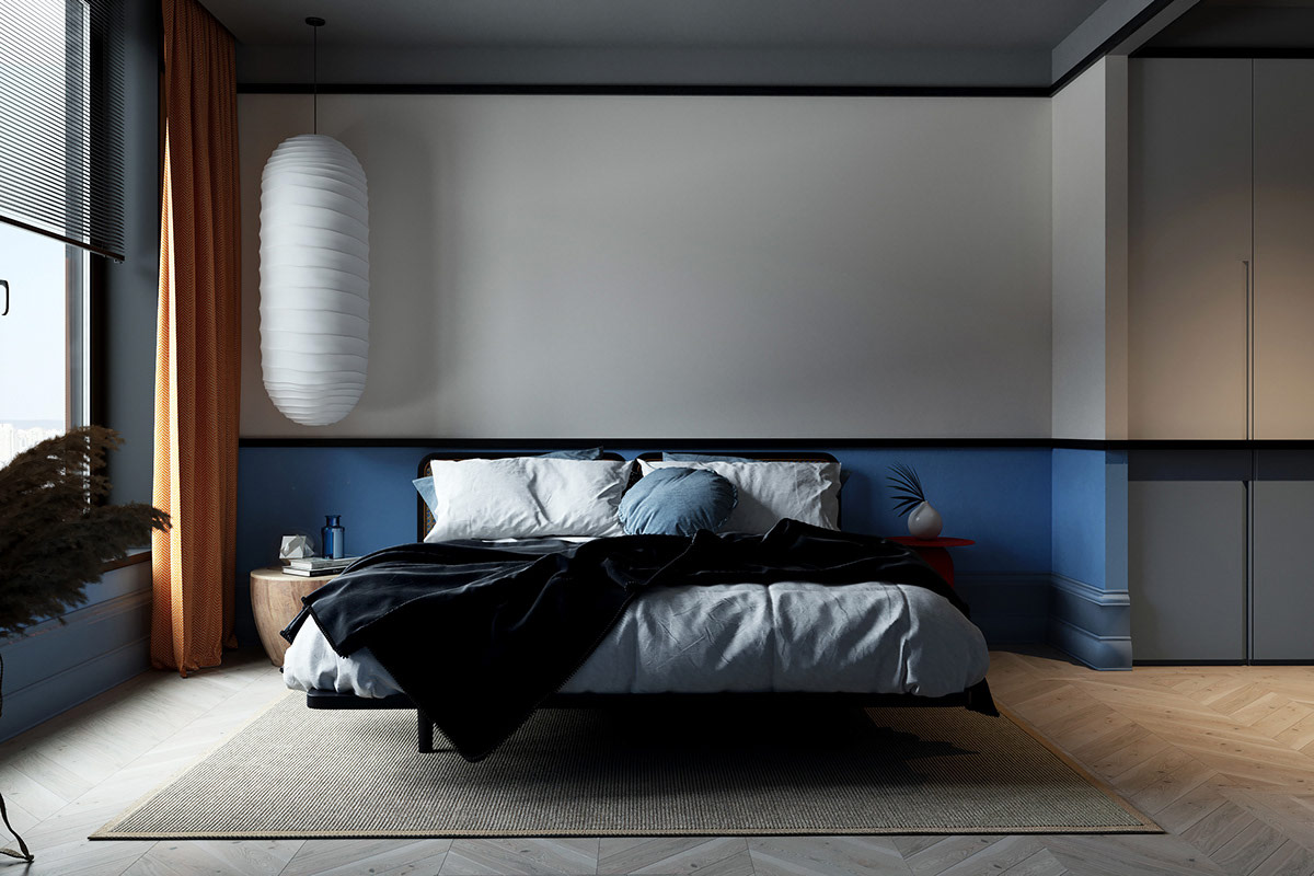 Điểm ấn tượng của phòng ngủ này chính là bức tường kết hợp hai gam màu trắng trang nhã và xanh lam yên tĩnh cho cảm giác bảo bọc tuyệt đối. Hơn nữa, chiếc tủ lưu trữ đồng màu ở góc phải căn phòng mà bạn cần tinh ý lắm mới có thể nhận ra đấy!