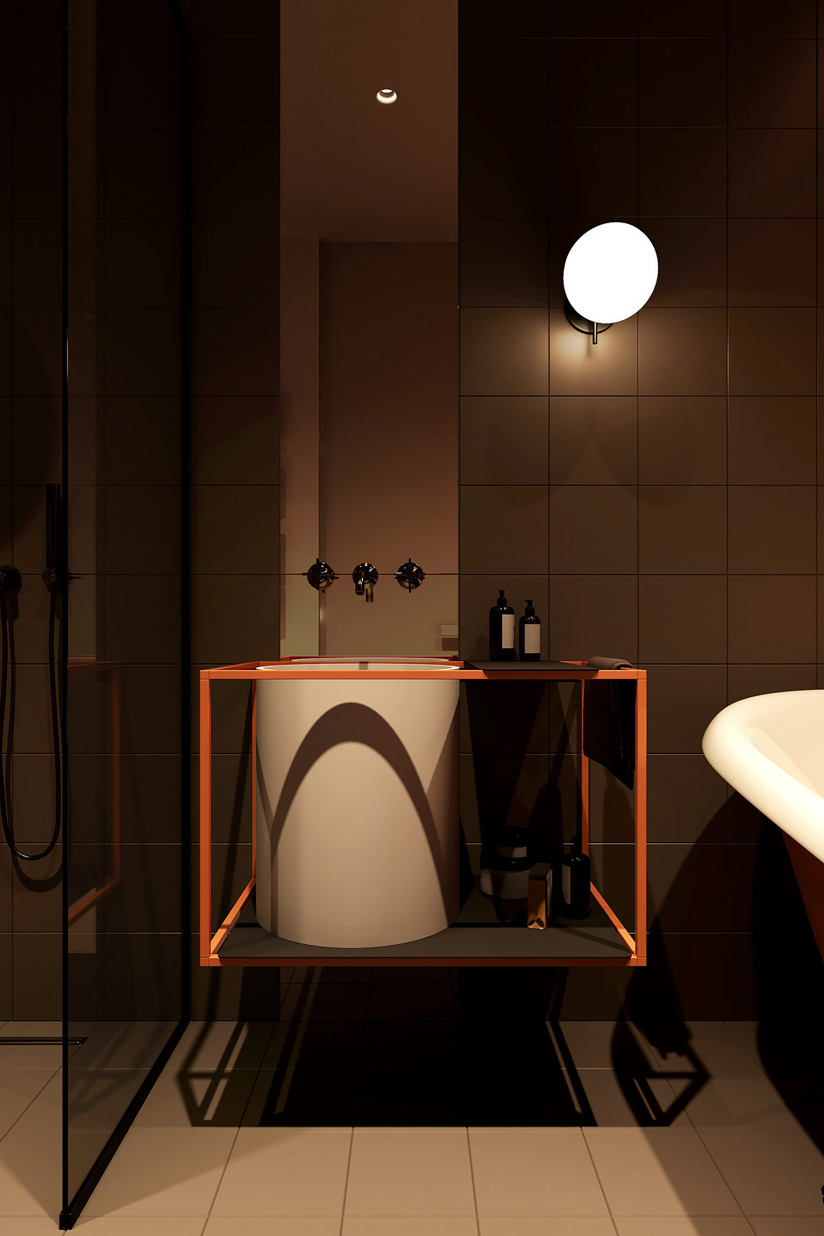 Ngoài ra, căn hộ còn có một phòng tắm riêng tư tích hợp trong phòng ngủ với thiết kế phần khung kim loại sơn màu cam sáng nâng đỡ bồn rửa màu trắng đẹp mắt.