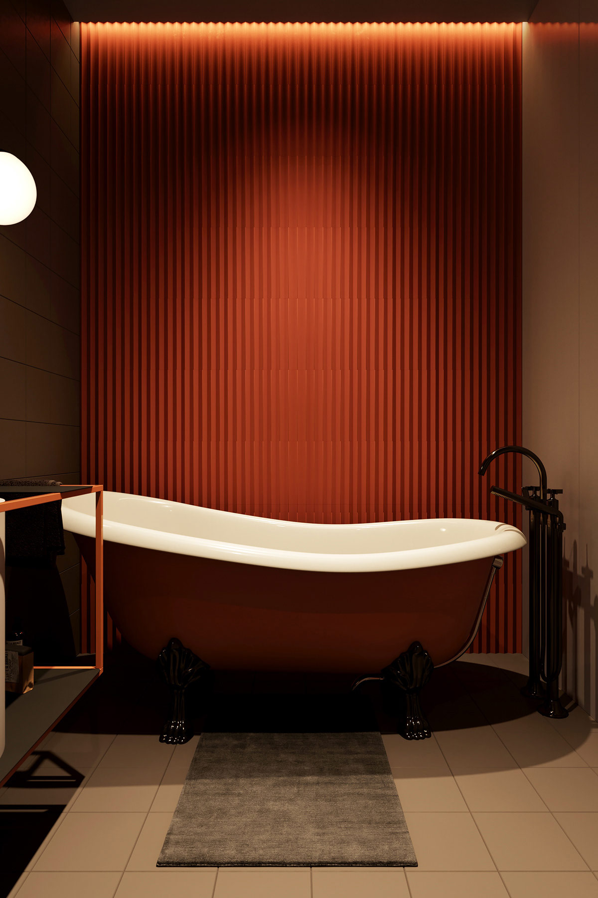 Chiếc bồn tắm nằm màu cam - trắng với phần chân thiết kế bóng bẩy siêu đẹp, kết hợp với thiết kế bức tường tạo cảm giác sang chảnh tuyệt đối cho quý cô độc thân.