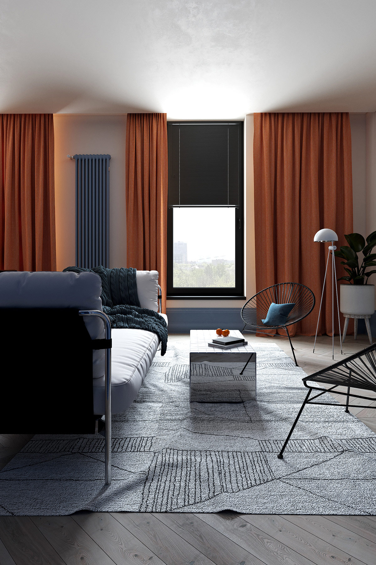Phòng khách chọn gam màu xám chủ đạo, kết hợp một phần mảng tường màu xanh lam và rèm cửa màu cam tạo điểm nhấn nổi bật. Chiếc bàn nước ốp gương hiện đại phản chiếu hình ảnh tấm thảm xám nhạt đẹp mắt.