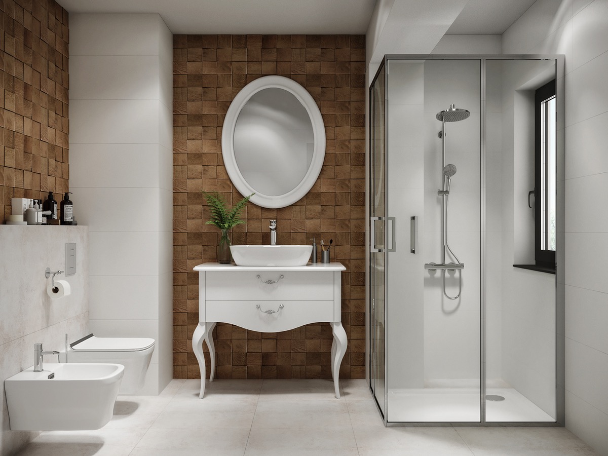 Phòng tắm này giữ nguyên chiếc tủ cổ điển kiểu Pháp và gương soi của ví dụ (6) nhưng thay thế bức tường đằng sau bằng cách ốp từng khối gỗ ô vuông độc đáo cho cái nhìn mộc mạc và lạ mắt hơn.