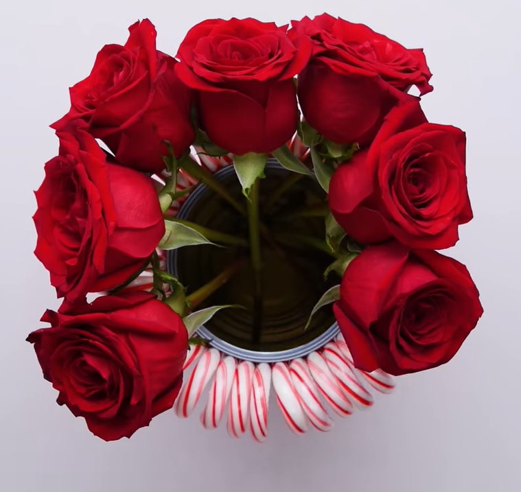 Cắm hoa hồng (hoặc loài hoa bạn thích) vào lọ, sử dụng nhiều bông để lọ hoa đầy đặn hơn.