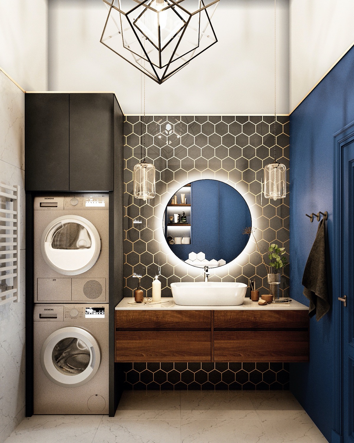Phòng tắm thời thượng với gam màu xanh coban kết hợp với bức tường trên bồn rửa ốp gạch lục giác màu đen viền vàng, kết hợp với ánh đèn và chiếc gương tròn ở vị trí trung tâm làm tăng sự lung linh và đẹp mắt.