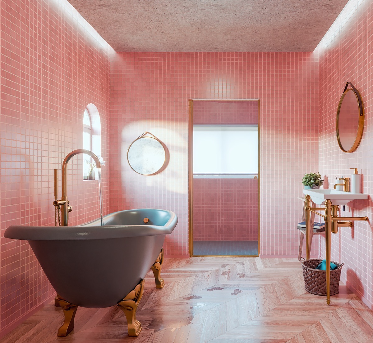 Phòng tắm cổ điển với sự kết hợp của gam màu hồng chủ đạo và màu xám từ bồn tắm nằm làm điểm nhấn. Ngoài ra, những chi tiết kim loại mạ vàng trên bồn rửa, viền khung gương, chân đế bồn tắm, cửa ra vào,... tạo nên cái nhìn lấp lánh và sang chảnh.
