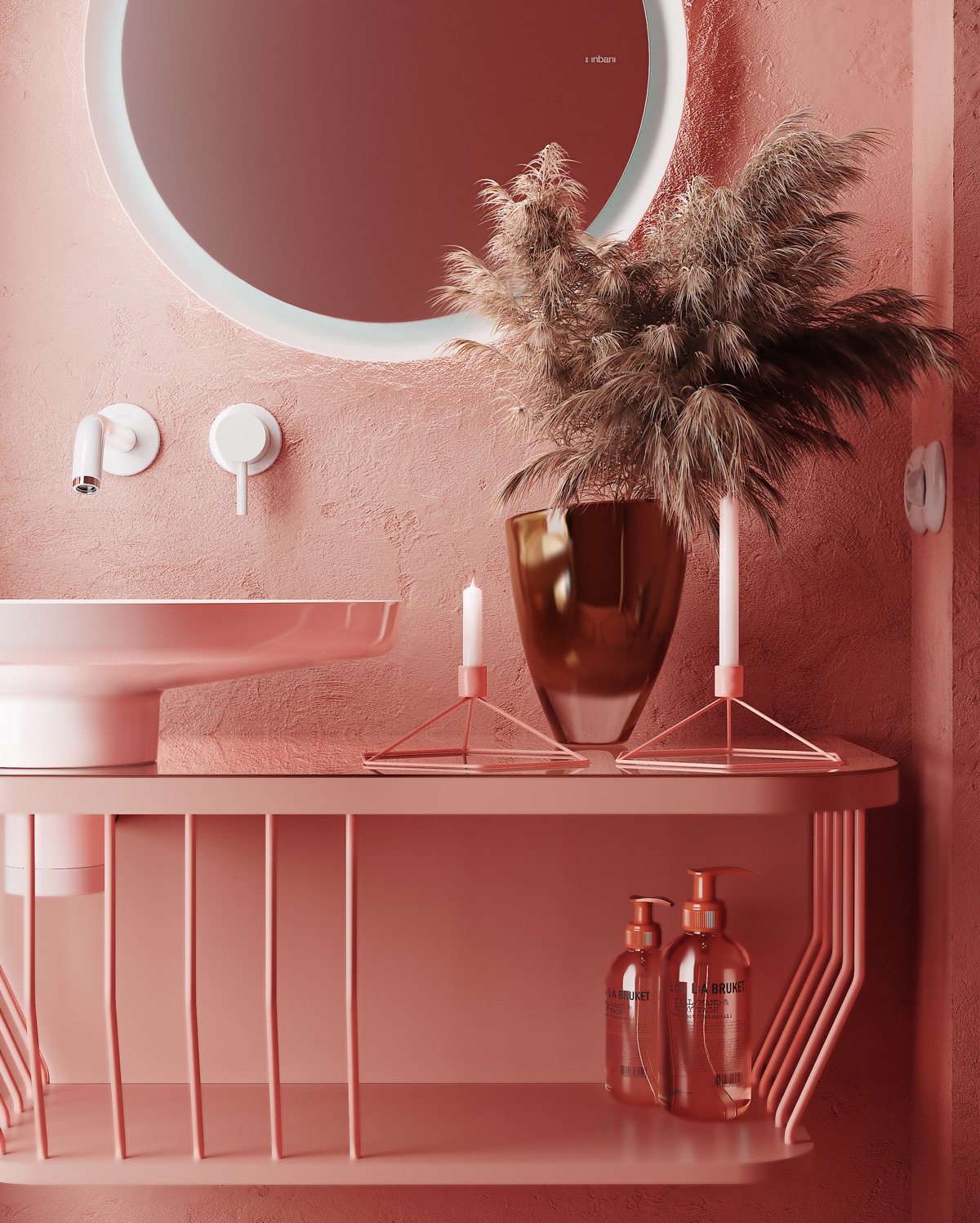 Chủ nhân phòng tắm này yêu thích màu hồng đến nỗi đầu tư cả bộ sản phẩm chăm sóc cơ thể cũng theo tông màu này. Kệ nâng đỡ bồn rửa có thiết kế đẹp mắt với những chấn song sơn hồng là nơi để lưu trữ dầu gội, sữa tắm như một khu vực trưng bày.