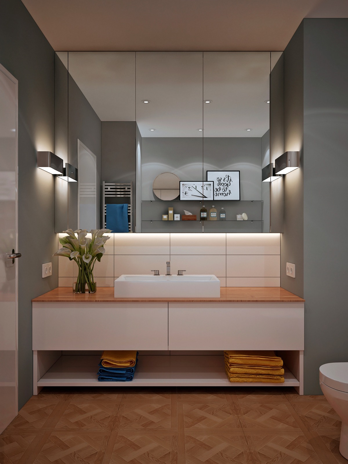 Không phải chủ nhân nào cũng thích vanity kết hợp bồn rửa gắn tường. Có người yêu phong cách truyền thống và chọn lựa mẫu tủ có kích thước cũng như thiết kế lưu trữ được nhiều nhất có thể.