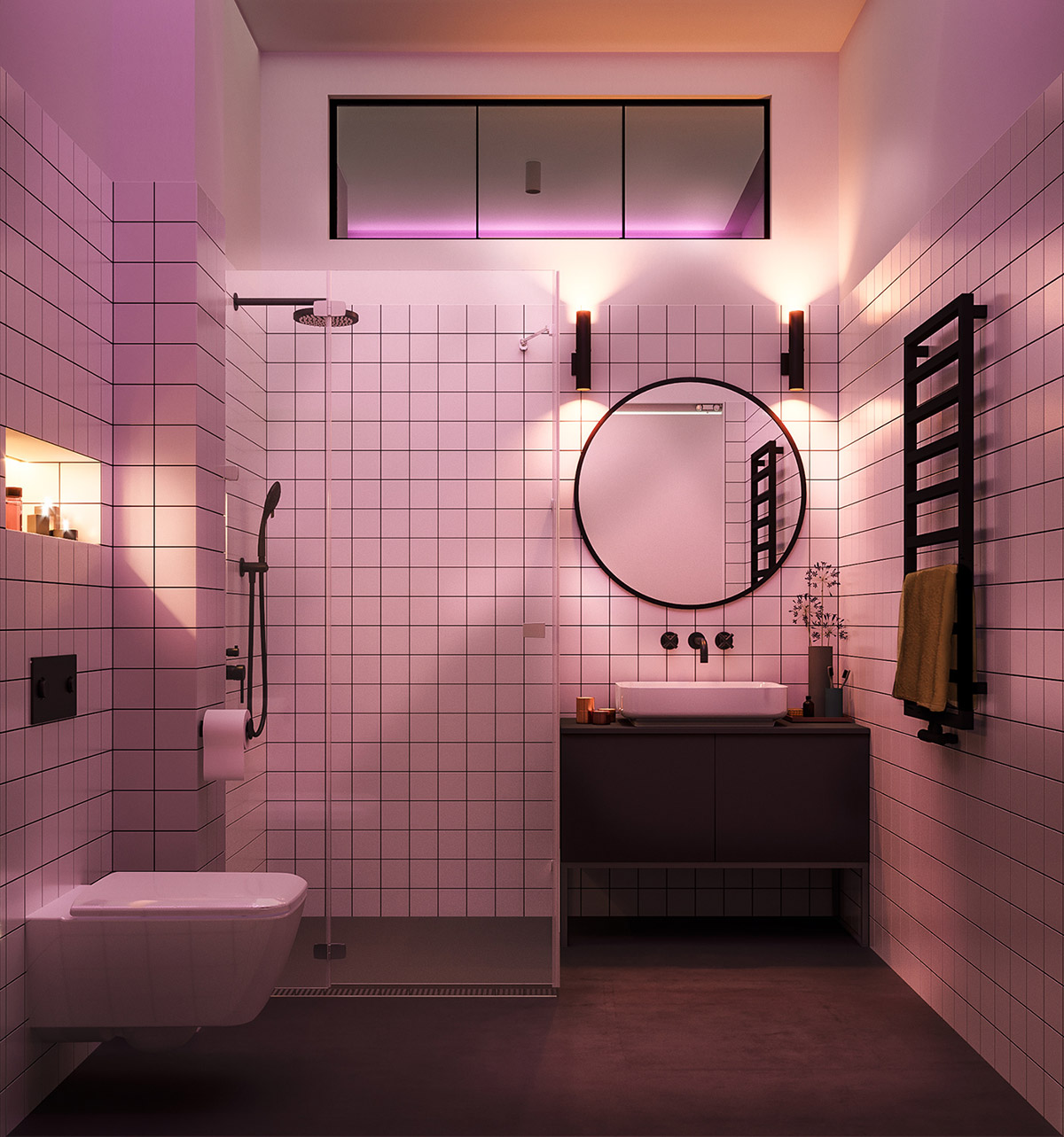 Chưa dừng lại ở đó, phòng tắm này còn khiến chúng ta bất ngờ bởi sự chuyển đổi màu sắc của hệ thống đèn chiếu sáng, kết hợp với tấm gương lớn giúp không gian trở nên lung linh và đầy quyến rũ.