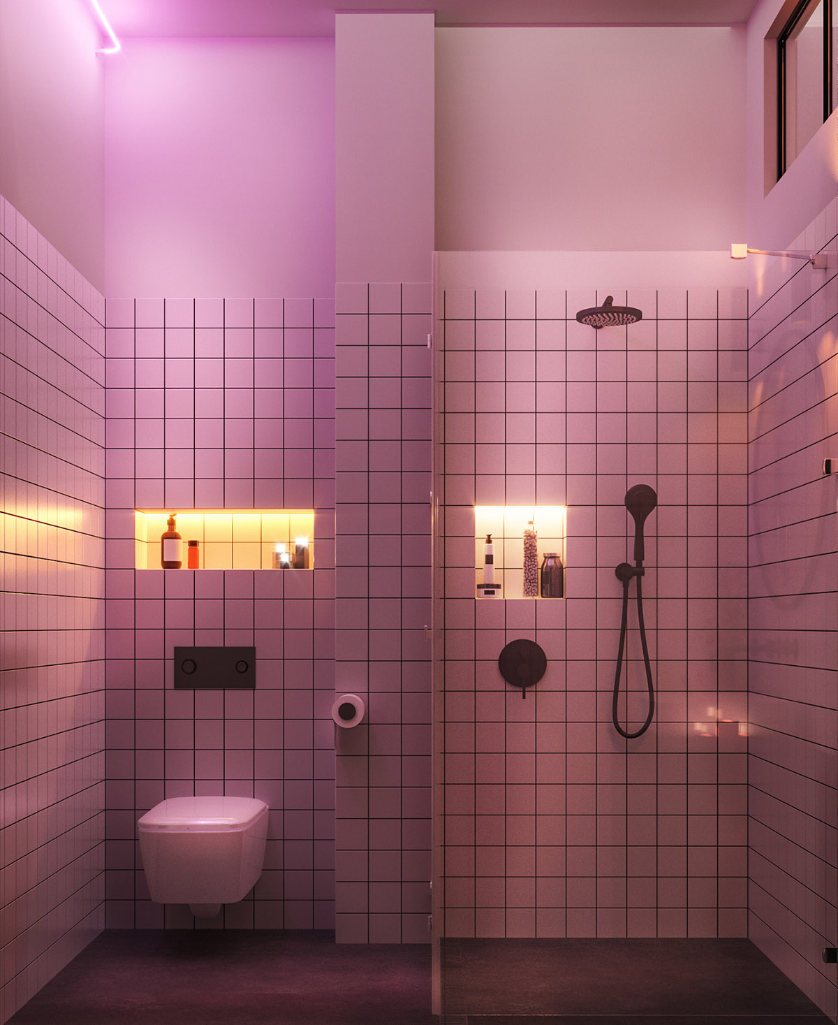 Hệ thống đèn LED cũng được sử dụng tối đa để chiếu sáng những chiếc kệ âm tường tiện ích. Bồn toilet là thiết kế gắn tường để giải phóng diện tích mặt sàn, tận dụng tối đa bức tường đáp ứng nhu cầu tiết kiệm không gian của gia chủ.