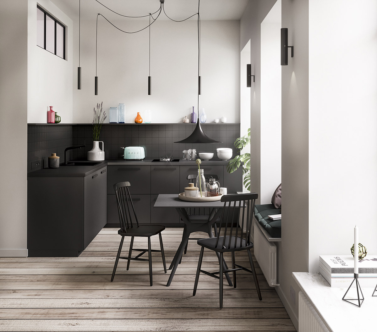Phòng bếp lựa chọn sơn tường màu trắng tươi sáng kết hợp với nội thất màu đen chủ đạo cho cái nhìn tương phản nhưng đẹp mắt và tạo chiều sâu cho khu vực nấu nướng. Bên cạnh đó, hệ thống đèn thả cũng là một trong những điểm nhấn duyên dáng và ấn tượng cho phòng bếp.