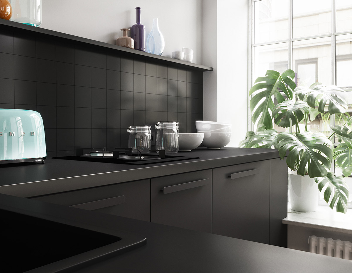 Vì lựa chọn gam màu đen chủ đạo cho nội thất nên hầu như những ngăn tủ của hệ thống tủ dưới được “ngụy trang” khéo léo, cả bề mặt bếp lẫn khu vực backsplash đồng “tone sur tone” hoàn hảo.