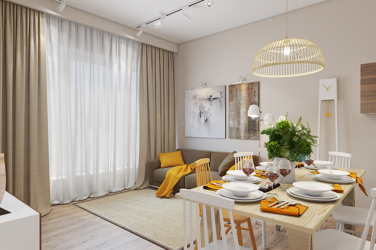 Không gian căn hộ được thiết kế mở với phòng khách liên thông cùng phòng ăn. Ở đây, bạn sẽ thấy gối và chăn mỏng trên sofa tương đồng với gam màu vàng mù tạt của khăn ăn trên bàn, thêm một chút sắc màu trên đồng hồ quả lắc cực kỳ tinh tế.