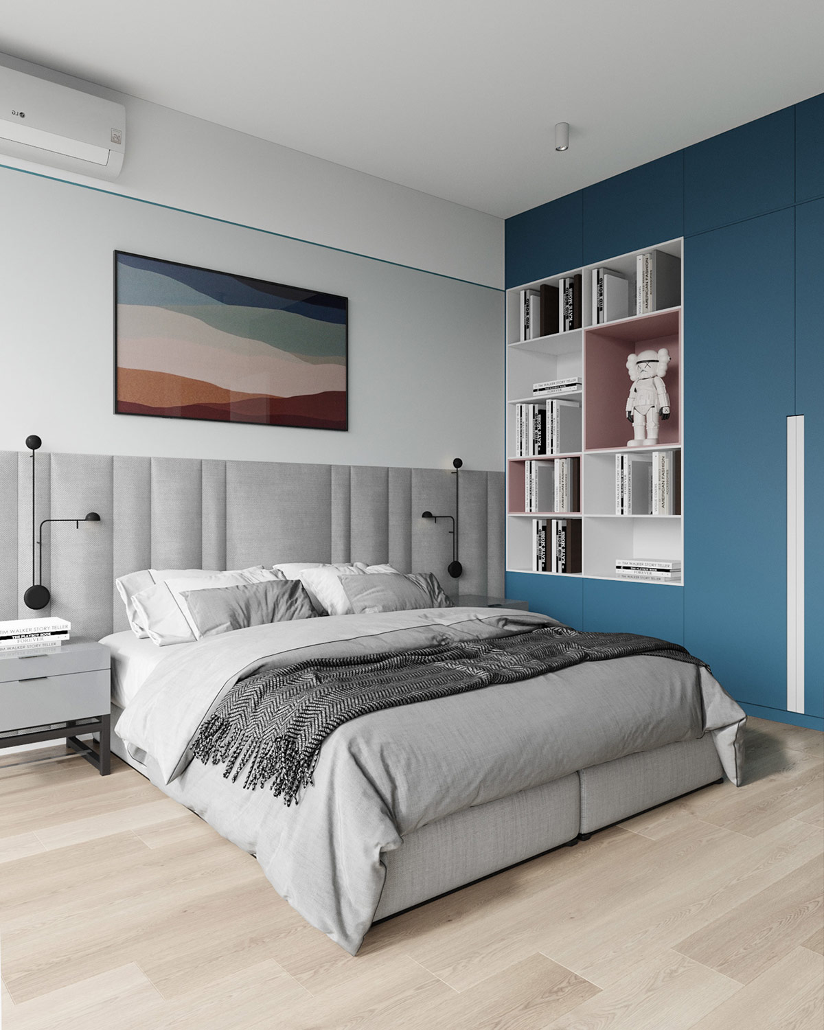 Phòng ngủ là không gian thể hiện rõ nhất sự kết hợp của hai gam màu này. Từ bức tranh trang trí đầu giường cho đến tủ quần áo sơn màu xanh tích hợp những ô kệ mở lưu trữ màu hồng và trắng xen kẽ mang đến cái nhìn trẻ trung và tươi sáng.