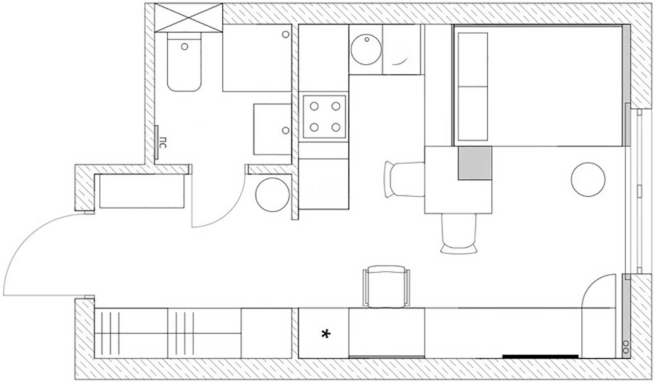 Sơ đồ kế hoạch sàn của căn hộ 23m².
