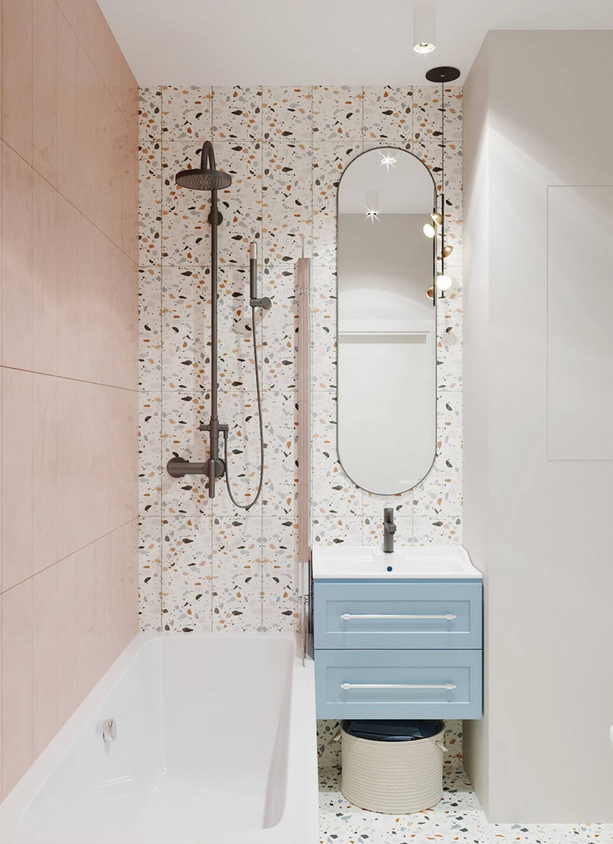 Cùng với phòng ngủ thì phòng tắm là nơi được chủ nhân yêu thích hơn cả vì nó được thiết kế cực kỳ dễ thương với gam màu hồng phấn và xanh lam pastel dịu nhẹ. Tấm gương dọc với các đường bo tròn cũng tạo cảm giác trần nhà như cao hơn.