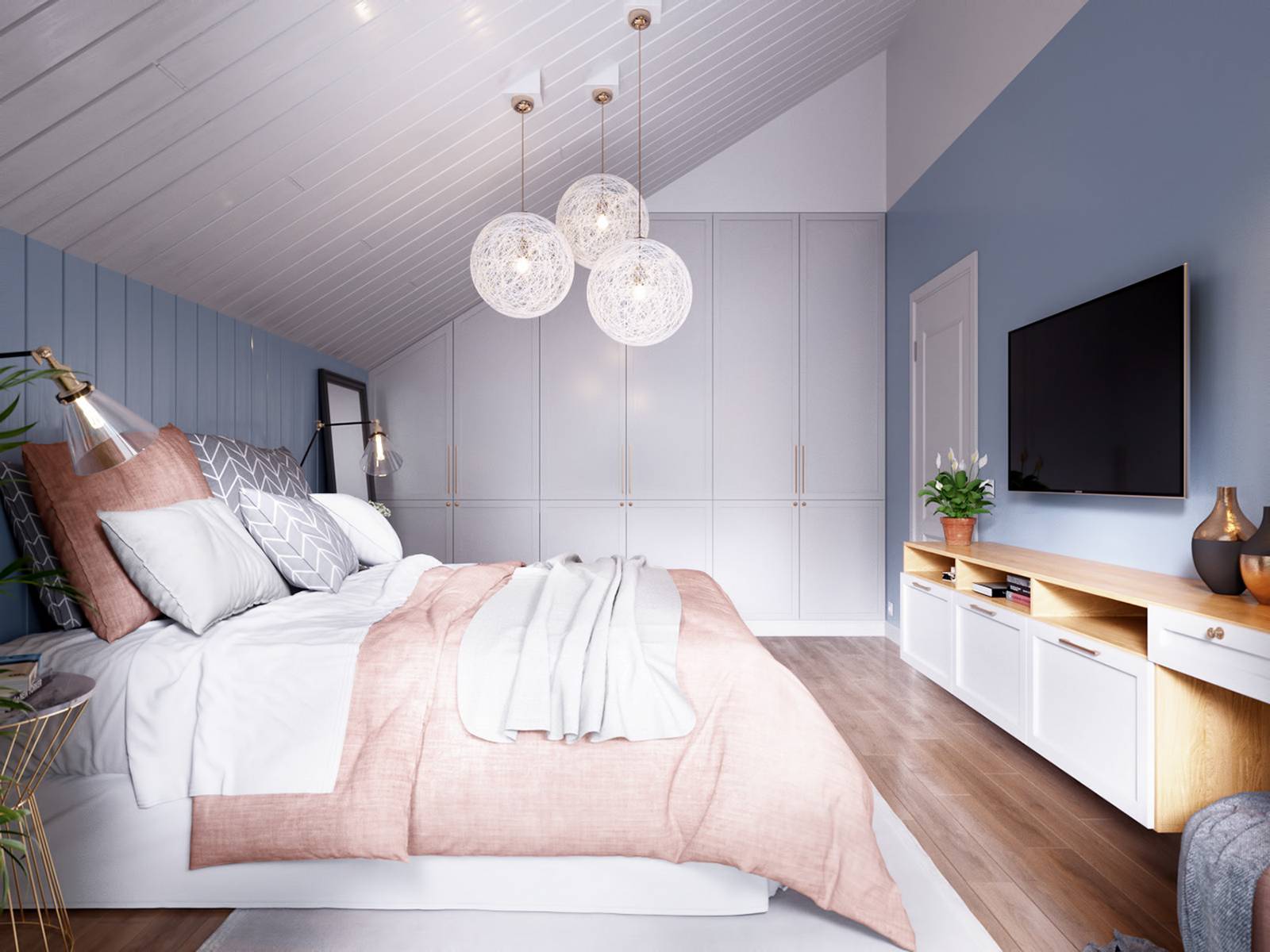 Gam màu xanh lam của bức tường tương phản với trần nhà sơn màu trắng tươi sáng. Bộ chăn ga gối màu hồng đất cho giường ngủ của bố mẹ sự ấm áp, nhẹ nhàng.