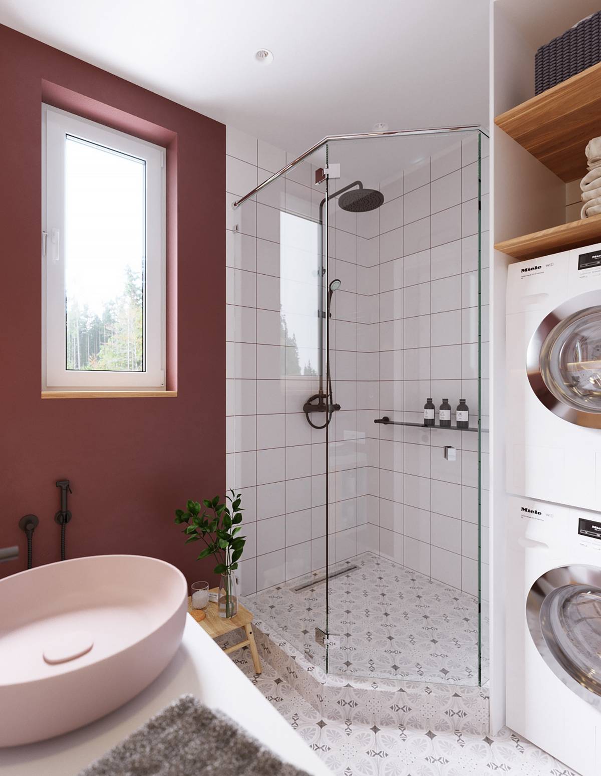 Phòng tắm là sự kết hợp của sơn tường màu đỏ tía thời trang, bồn rửa hồng pastel nhẹ nhàng, buồng tắm đứng ốp gạch men trắng, phân cách với toilet bằng cửa kính trong suốt.