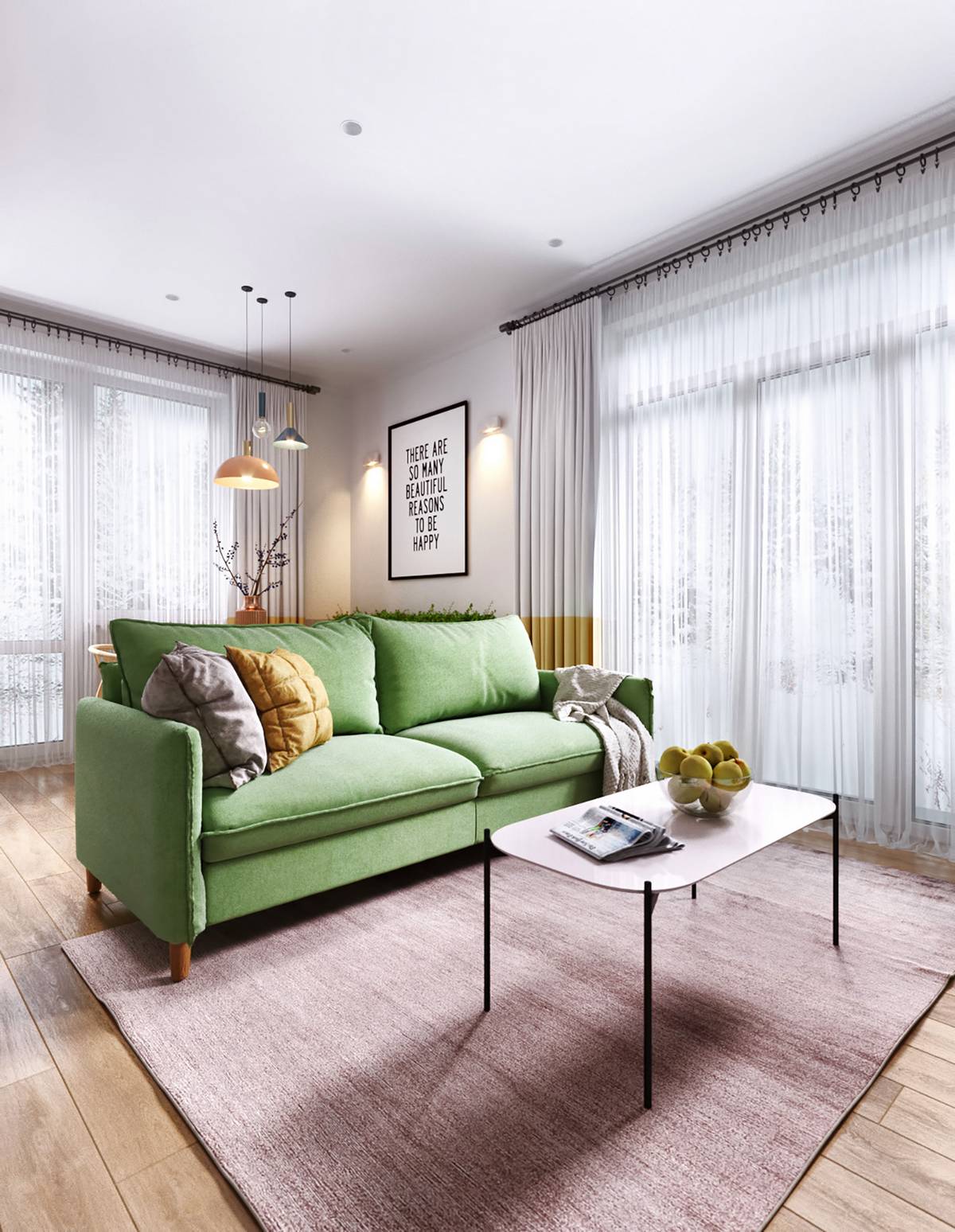 Ghế sofa màu xanh lá cây mang đến sự trẻ trung, vui tươi cho khu vực tiếp khách. Một tấm thảm trải sàn màu hồng nhạt giúp phân vùng phòng khách thật nhẹ nhàng.