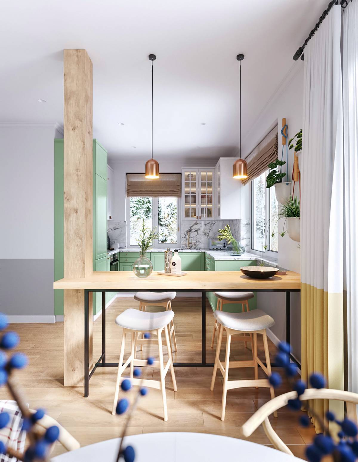Nhìn từ bàn ăn, bạn sẽ thấy một chiếc bàn gỗ dài cùng 4 chiếc ghế xinh xắn, phía trong sẽ là khu vực dành cho phòng bếp thiết kế chữ U phù hợp với cấu trúc tầng 1.