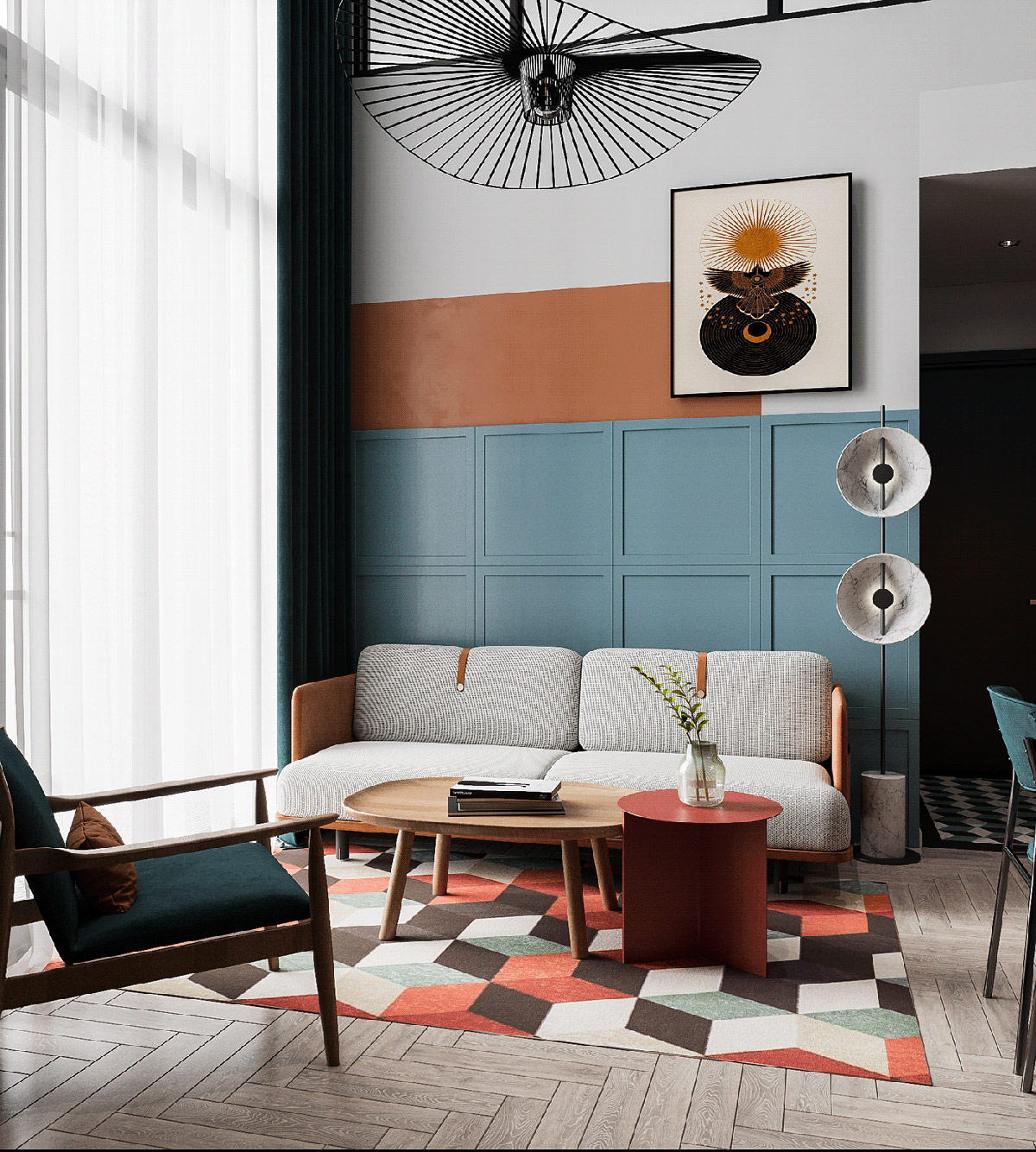 Căn hộ đầu tiên mà chúng tôi giới thiệu đến các bạn sử dụng nội thất họa tiết hình học trẻ trung. Tấm thảm kết hợp các yếu tố màu cam và xanh lam trên sàn nhà, trong khu bức tường chọn 3 màu sơn trắng, cam, xanh xen kẽ đẹp mắt.