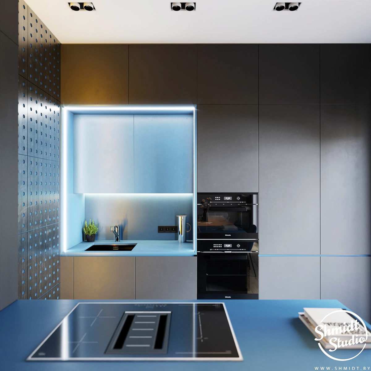 Phòng bếp lựa chọn gam màu xám và xanh lam nhạt chủ đạo, tuy chỉ chiếm một góc nhỏ trong phòng nhưng vẫn rất tiện nghi và đẹp mắt. Hệ thống đèn LED được sử dụng nhằm cung cấp ánh sáng cho khu vực nấu nướng vừa tạo hiệu ứng vô cùng bắt mắt.