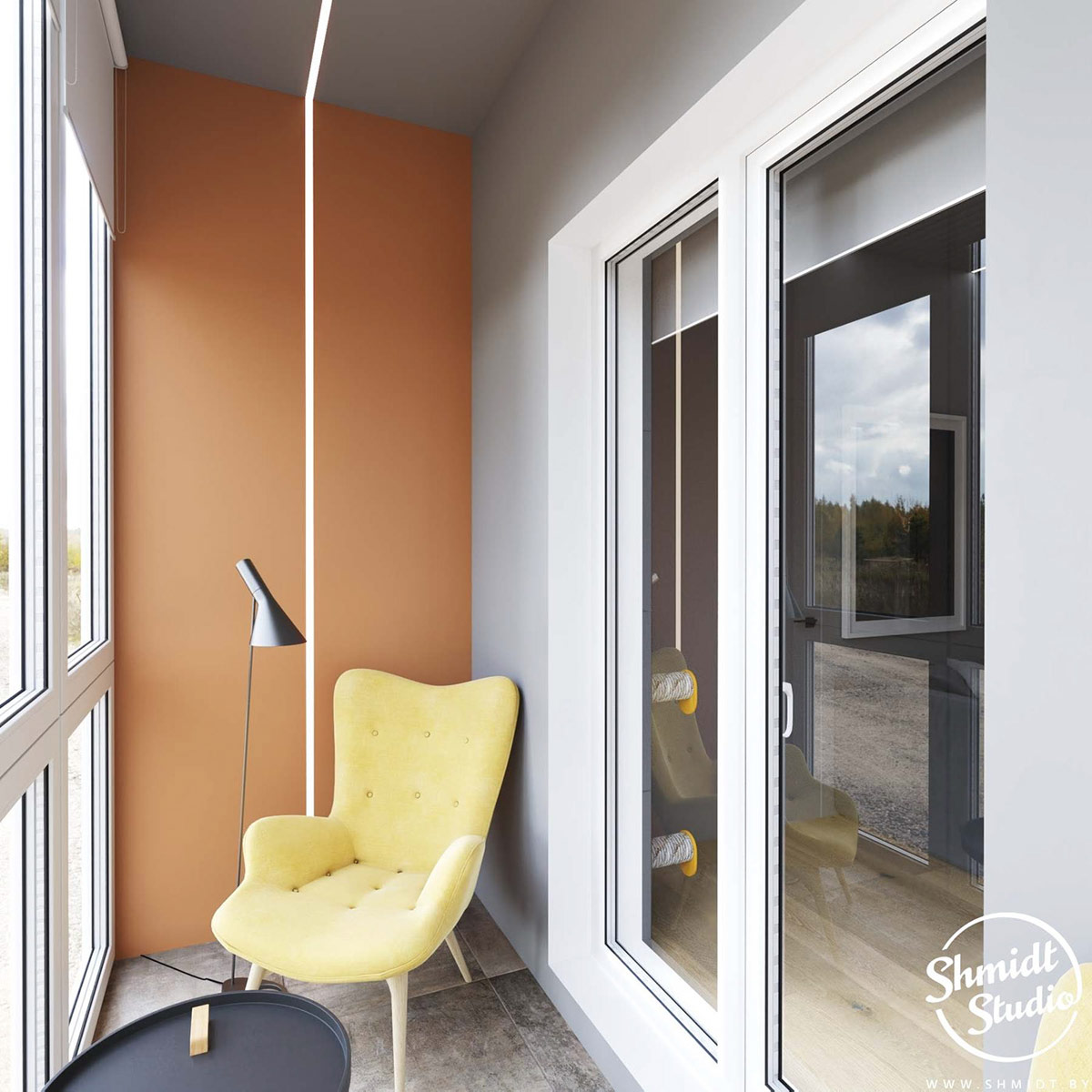 Giải pháp đèn LED tiếp tục được sử dụng ra khu vực ban công, nơi có bức tường sơn màu cam và chiếc ghế bành màu vàng êm ái làm góc đọc sách lãng mạn. Như vậy, nếu căn hộ đầu tiên kết hợp cả hai gam màu cam và xanh lam cho cùng một khu vực thì căn hộ thứ hai lại sử dụng từng màu riêng lẻ như một cách phân vùng chức năng khéo léo.