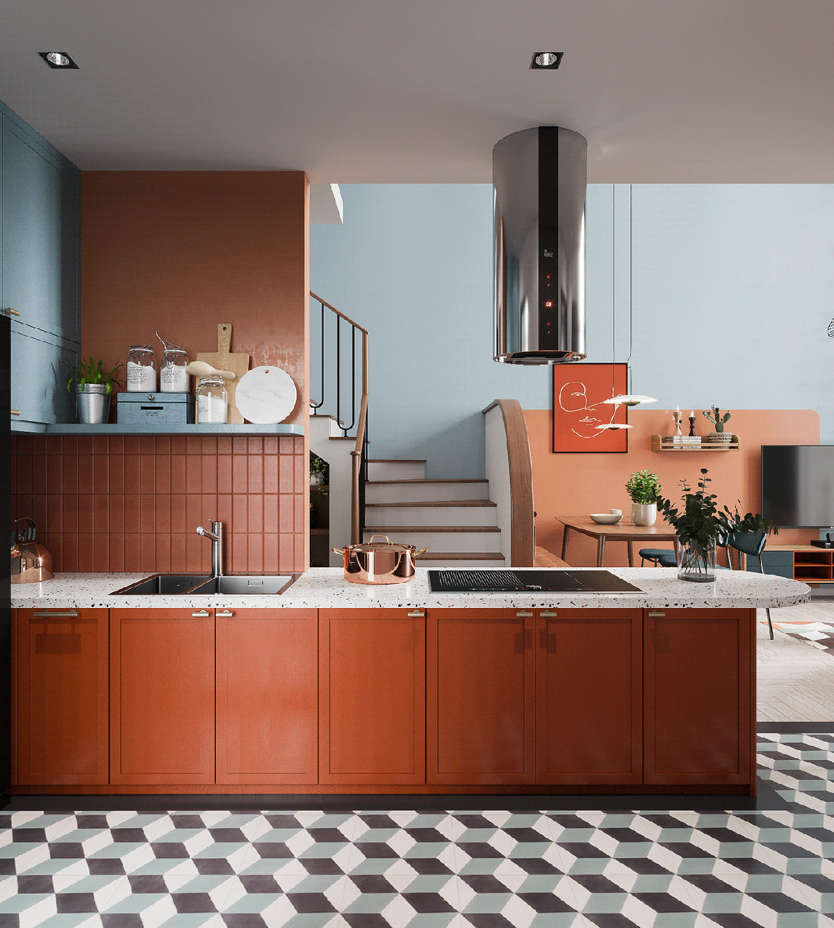 Phòng bếp lấy màu cam làm chủ đạo cho cái nhìn trẻ trung và đầy cảm hứng, thêm chút sắc xanh lam dịu nhẹ trên bức tường để trung hòa cảm giác nóng nực trong khu vực dành cho chức năng nấu nướng.