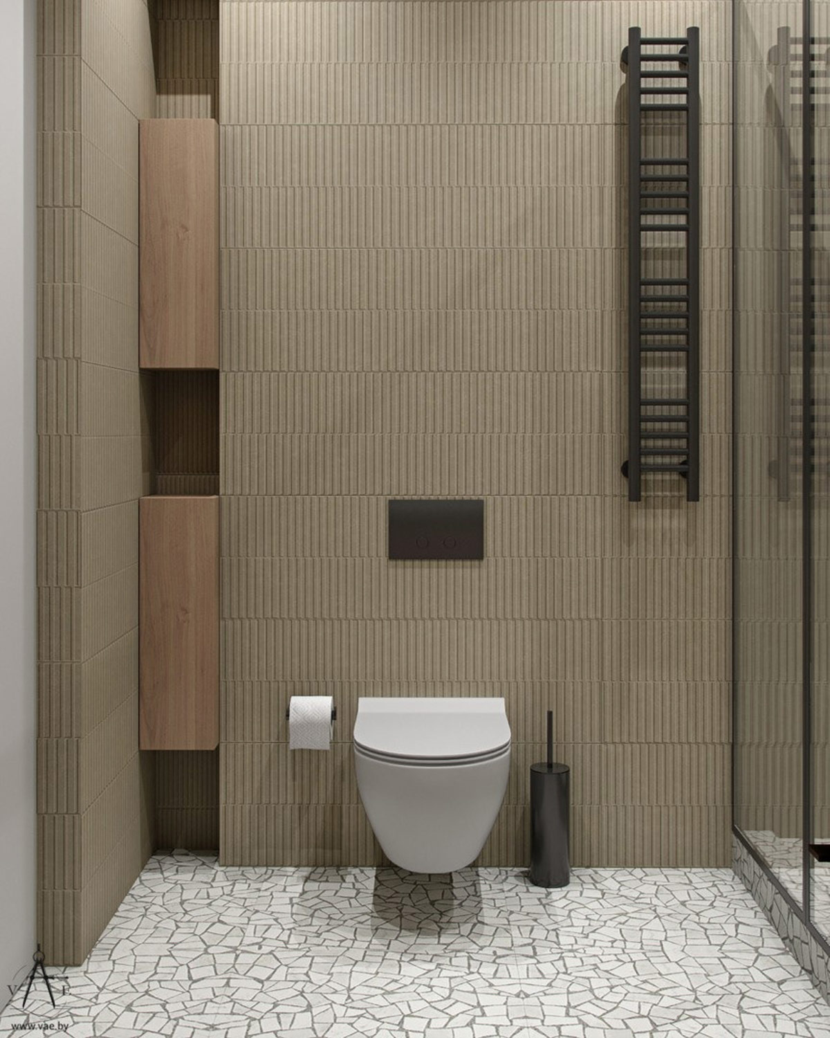 Không chỉ có tủ lưu trữ kết hợp bồn rửa là sử dụng giải pháp gắn tường, cả bồn toilet cũng thiết kế tương tự để giải phóng diện tích mặt sàn.. Tủ gỗ nhỏ hẹp khéo léo tận dụng tối đa hốc tường nhỏ phía bên phải toilet.