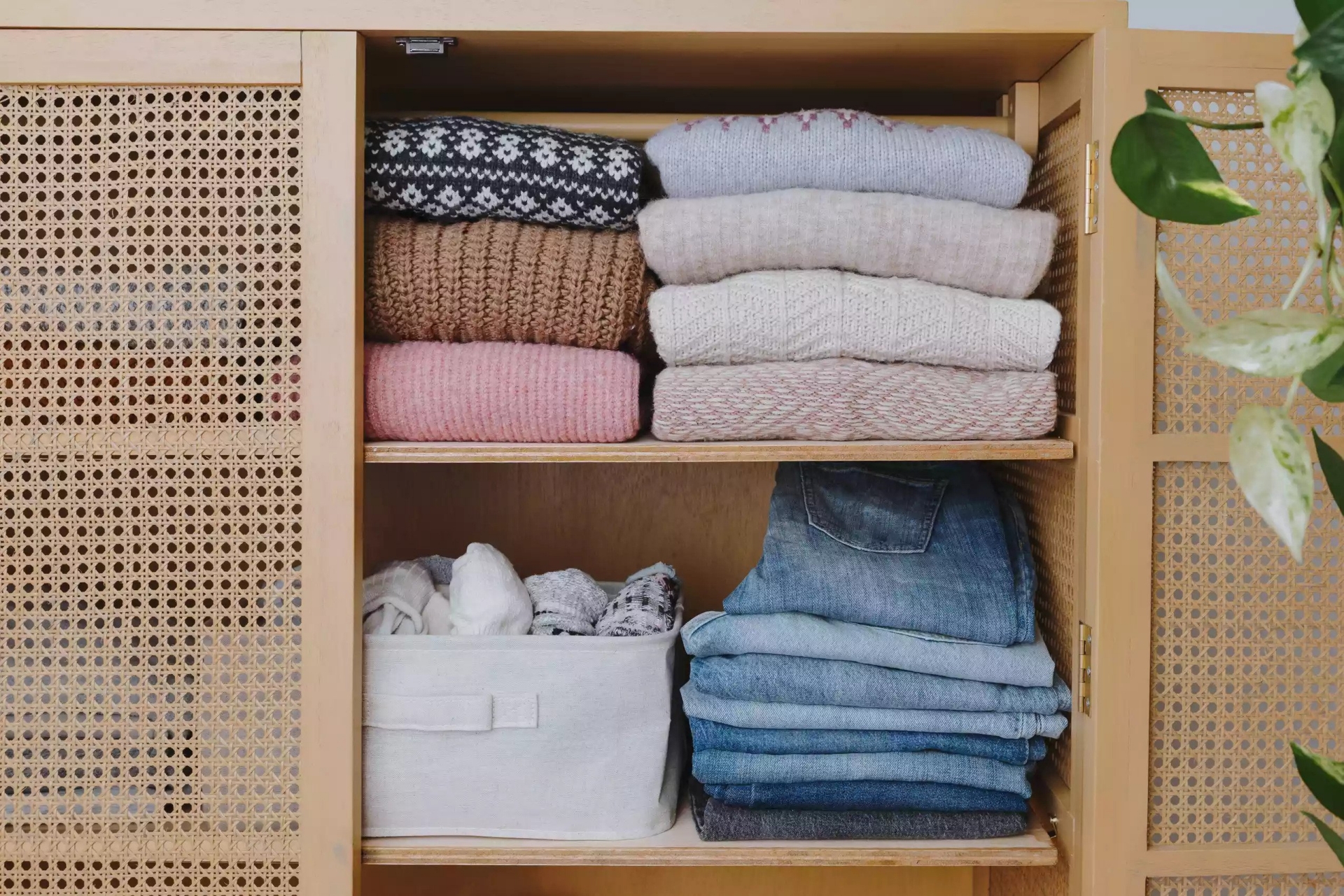 Để tủ ngăn nắp hơn, hãy cất giữ quần jean bằng cách gấp gọn rồi xếp chồng lên nhau.
