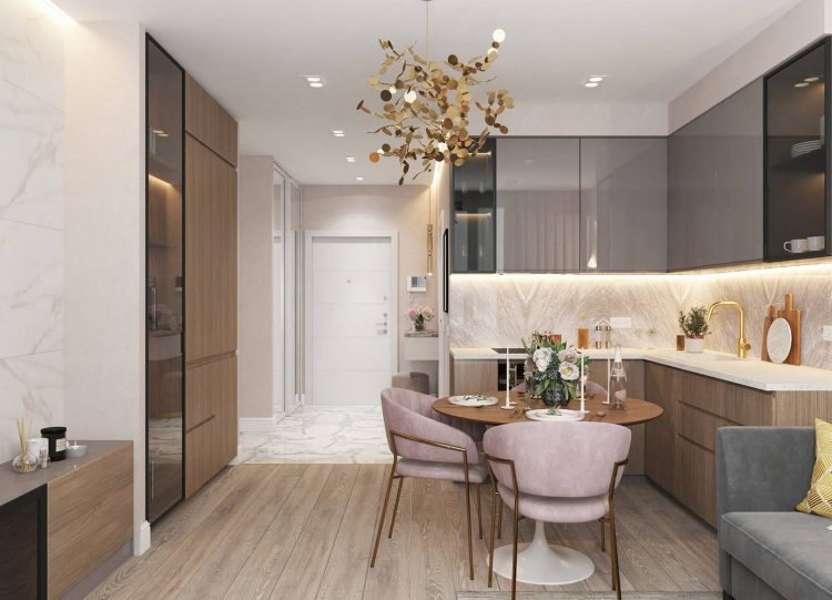 Căn hộ chỉ 55m² nên không quá rộng rãi, vì thế Anastasia đã lựa chọn giải pháp thiết kế mở, để phòng bếp, khu vực ăn uống và phòng khách trên cùng một mặt phẳng.