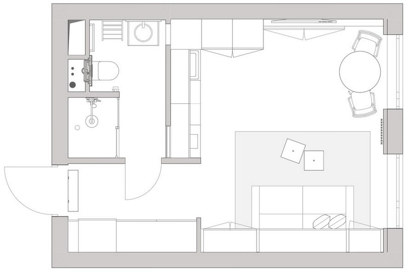 Sơ đồ kế hoạch sàn của căn hộ 27m² do nhà thiết kế nội thất Vitaly Myasnikov cung cấp.