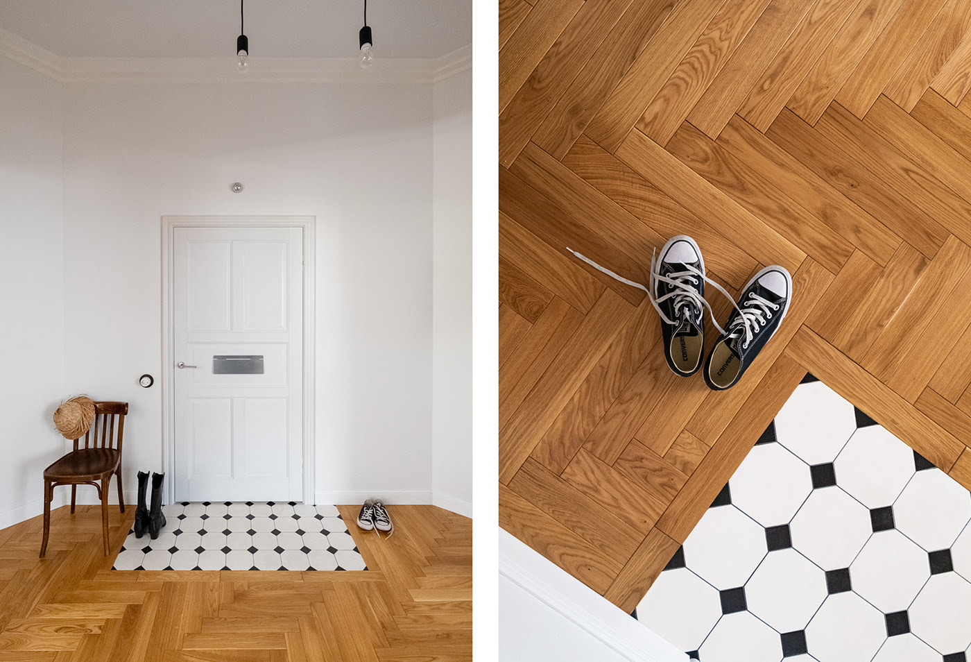 Lối vào thiết kế nhỏ xinh, thảm trải sàn quen thuộc được thay thế bằng gạch lát sàn màu đen - trắng cổ điển, trở thành điểm nhấn nổi bật trên sàn gỗ xuyên suốt căn hộ.