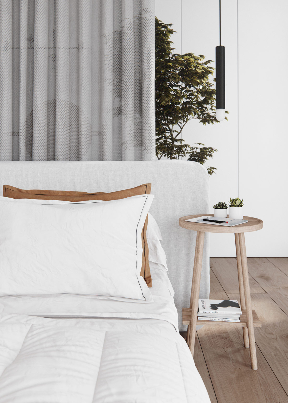 Táp đầu giường có thiết kế tối giản, trang trí bởi 2 chậu cây thuộc loài mọng nước xinh xinh. Cặp đèn thả đen - trắng mảnh mai buông xuống làm duyên cho giường ngủ.