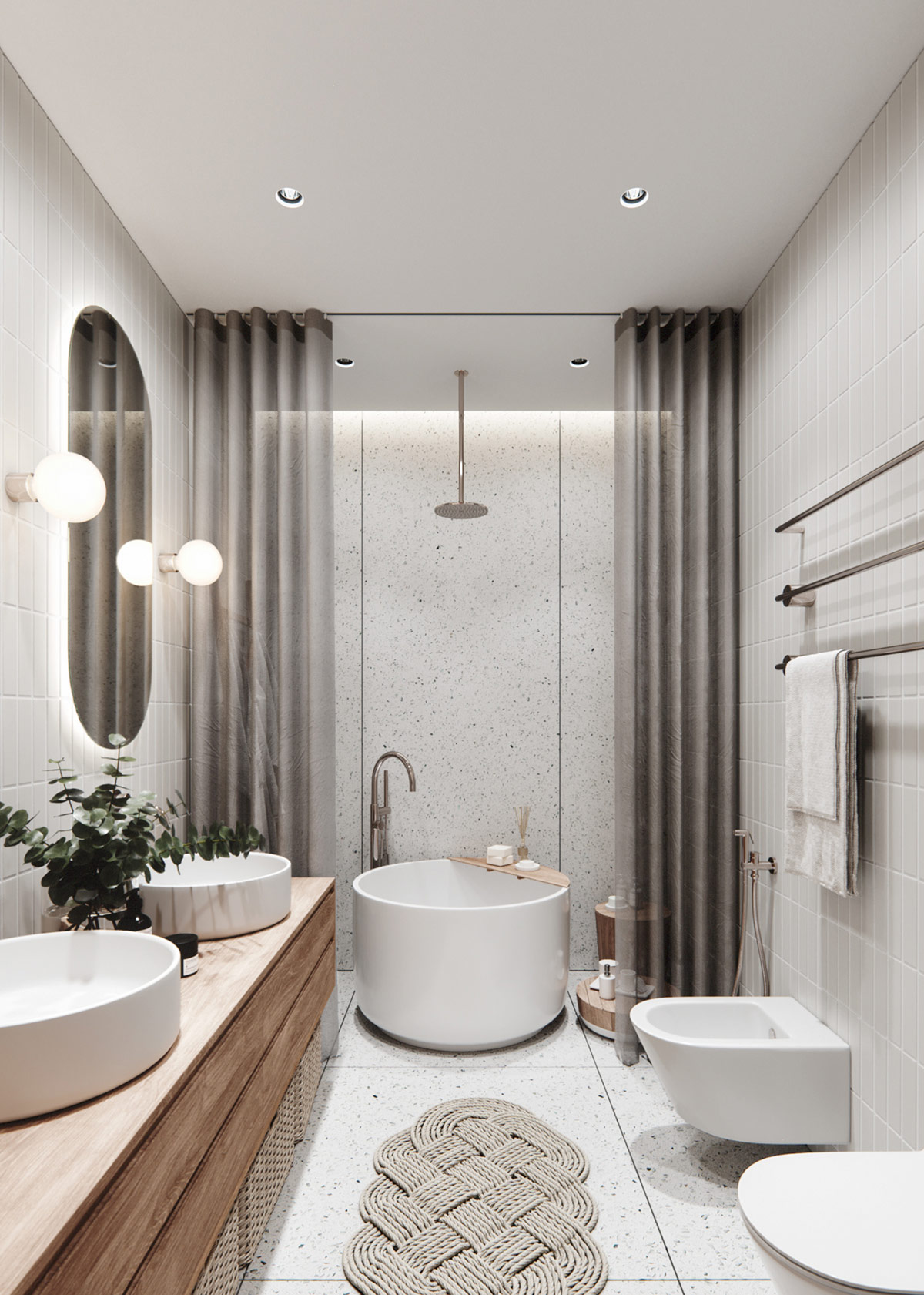 Phòng tắm gây ấn tượng bởi chiếc bồn tắm ngâm kiểu Nhật, lối vào trải tấm thảm dệt cùng những chiếc giỏ mây xếp dưới bồn rửa cho cảm giác gần gũi với tự nhiên.
