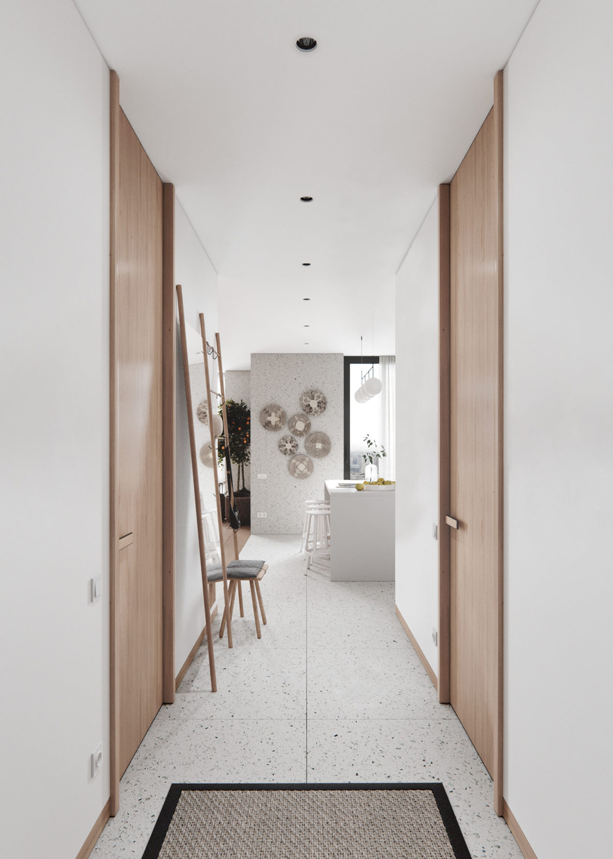 Bức tường trang trí bằng phụ kiện đan lát hình tròn, đánh dấu sự chuyển tiếp từ phòng khách sang phòng bếp và tạo sự bắt mắt ngay từ hành lang nhìn vào phía trong.