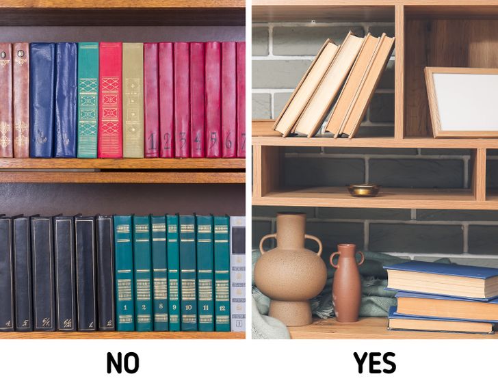 Đừng “tham lam” xếp các cuốn sách kín hết các ngăn trên kệ mà không chừa bất cứ khoảng hở nào.