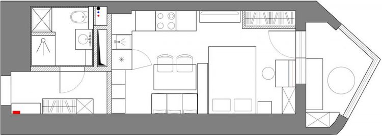 Sơ đồ thiết kế căn hộ mini 28m² do đội ngũ thiết kế của Cubiq Studio cung cấp.