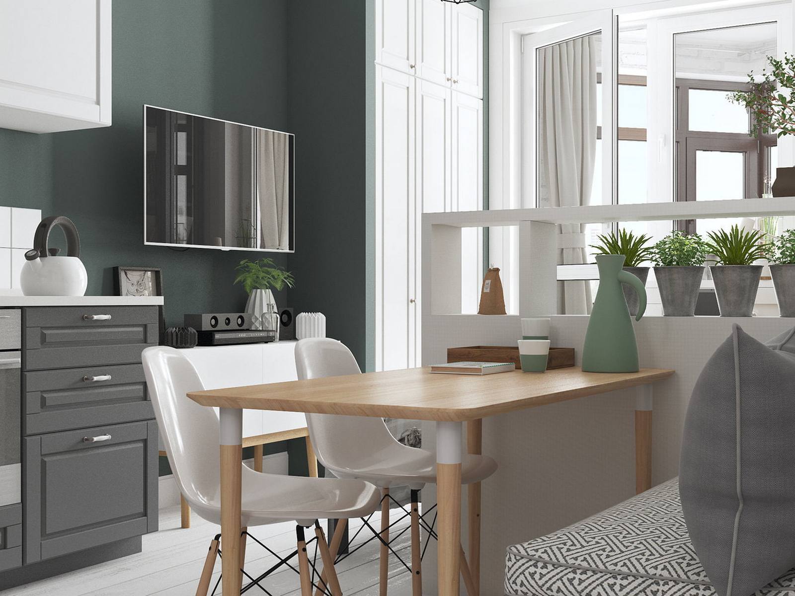 Thay vì sử dụng bàn nước, Cubiq Studio đã lựa chọn chiếc bàn gỗ dài kết hợp cặp ghế màu trắng để kết hợp phòng khách với khu vực ăn uống nhằm tiết kiệm diện tích.