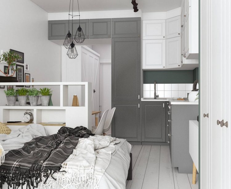 Tại góc chụp này, bạn sẽ thấy phòng bếp được bố trí đối diện phòng khách và khu vực ăn uống, với thiết kế bếp chữ L phù hợp với cấu trúc của căn hộ nhỏ hẹp.