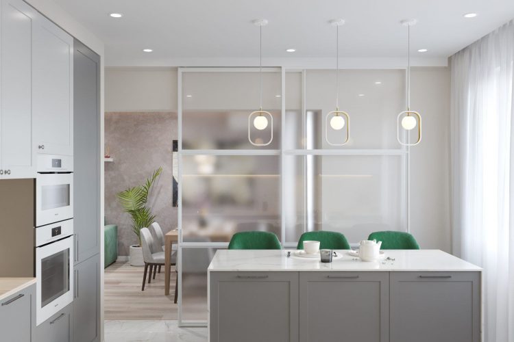 Khu vực phòng bếp được phân tách với phòng khách bằng cửa trượt tiện lợi, vừa tạo không gian chức năng riêng biệt  nhưng vẫn giữa được sự liên kết cùng nhau.