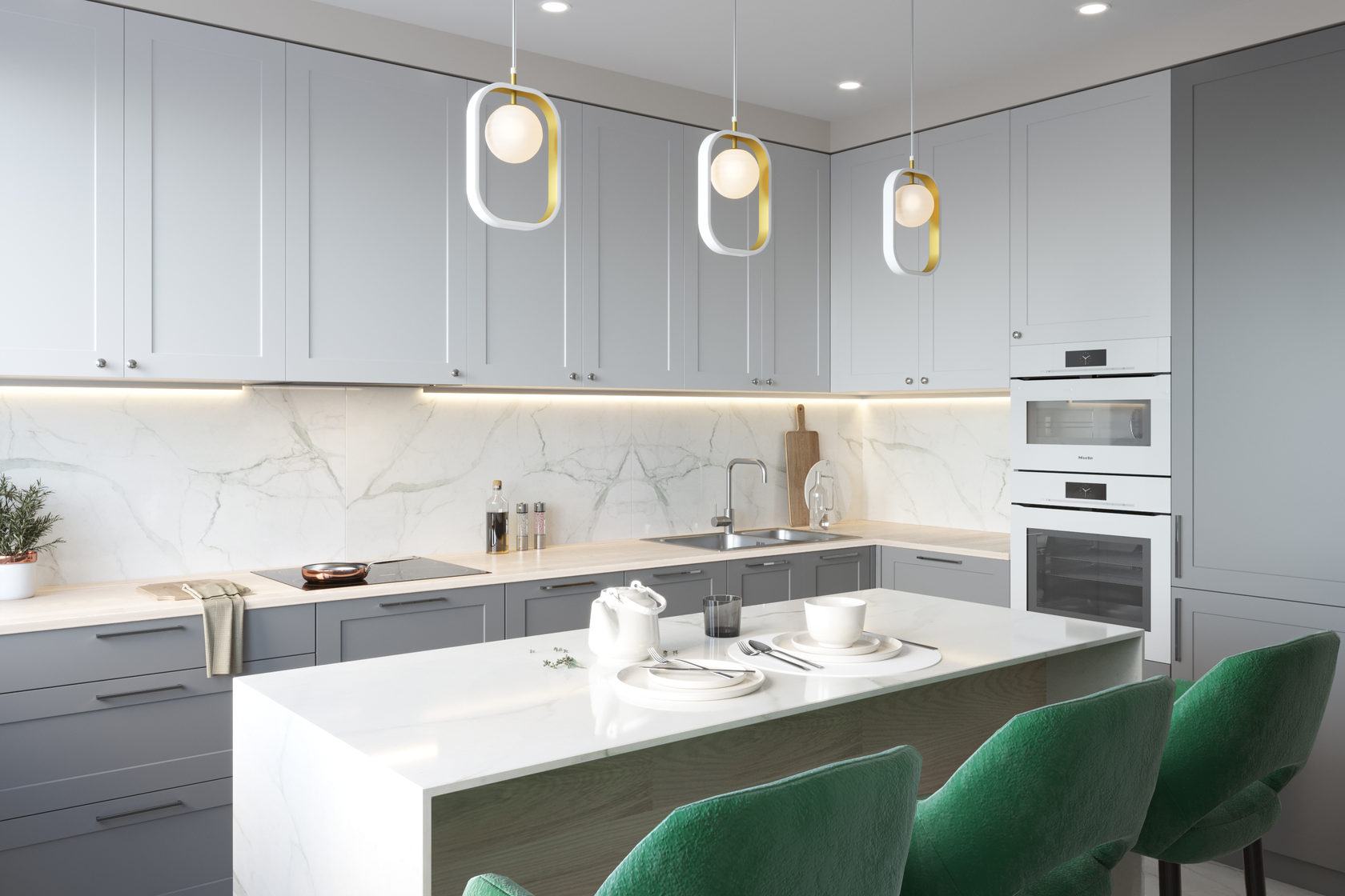 Phòng bếp sử dụng cấu trúc thiết kế kiểu chữ L với hệ tủ bếp trên và dưới đồng bộ màu xám, backsplash ốp đá cẩm thạch hoa văn sang trọng gợi nhớ đến lối vào căn hộ.