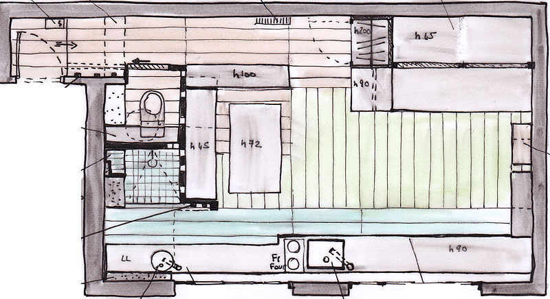 Bản phác thảo thiết kế căn hộ 23m² ở Paris do NTK Aude Bromme cung cấp.