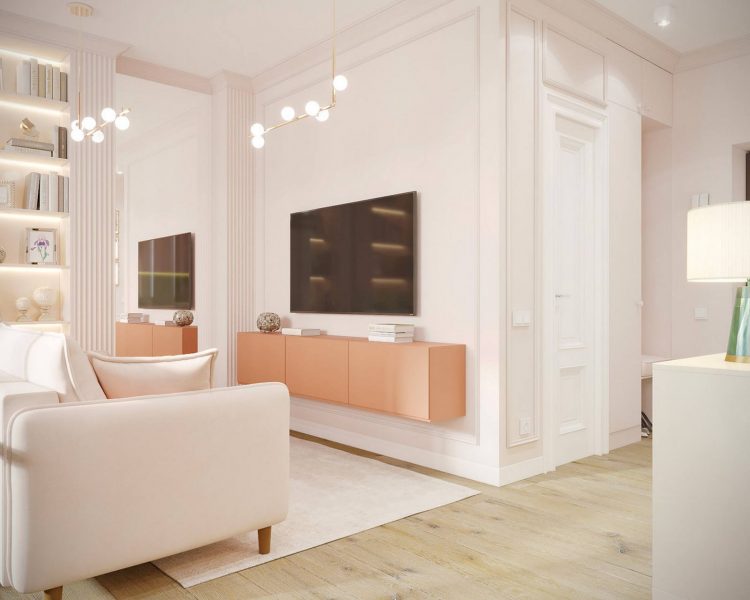 Tấm thảm trải sàn màu trắng kem đồng màu với ghế sofa được sử dụng để “khoanh vùng” phòng khách, đối diện là chiếc tivi chiếc tủ gắn tường màu hồng cam nổi bật.